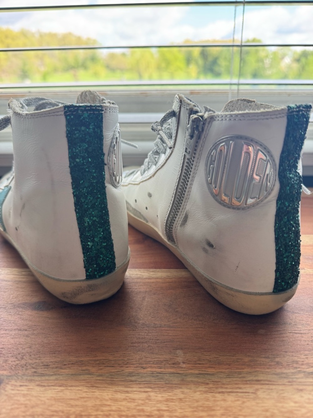 Golden Goose Francy Off-White High-Top Sneakers with Teal & Green Embellishment - Picture 5 of 6